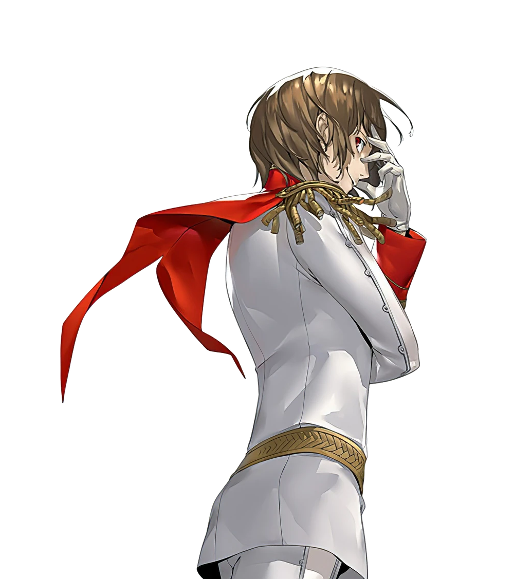 Goro Akechi in his Metaverse outfit with a hand over his face.